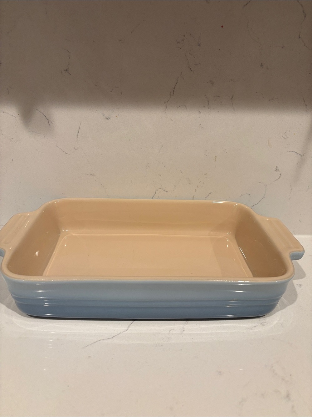Stoneware Rectangular Baking Dish in Beige Interior and Light Blue Exterior